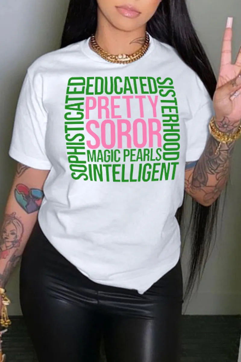 Women Letter Print Round Neck Short Sleeve T-Shirt