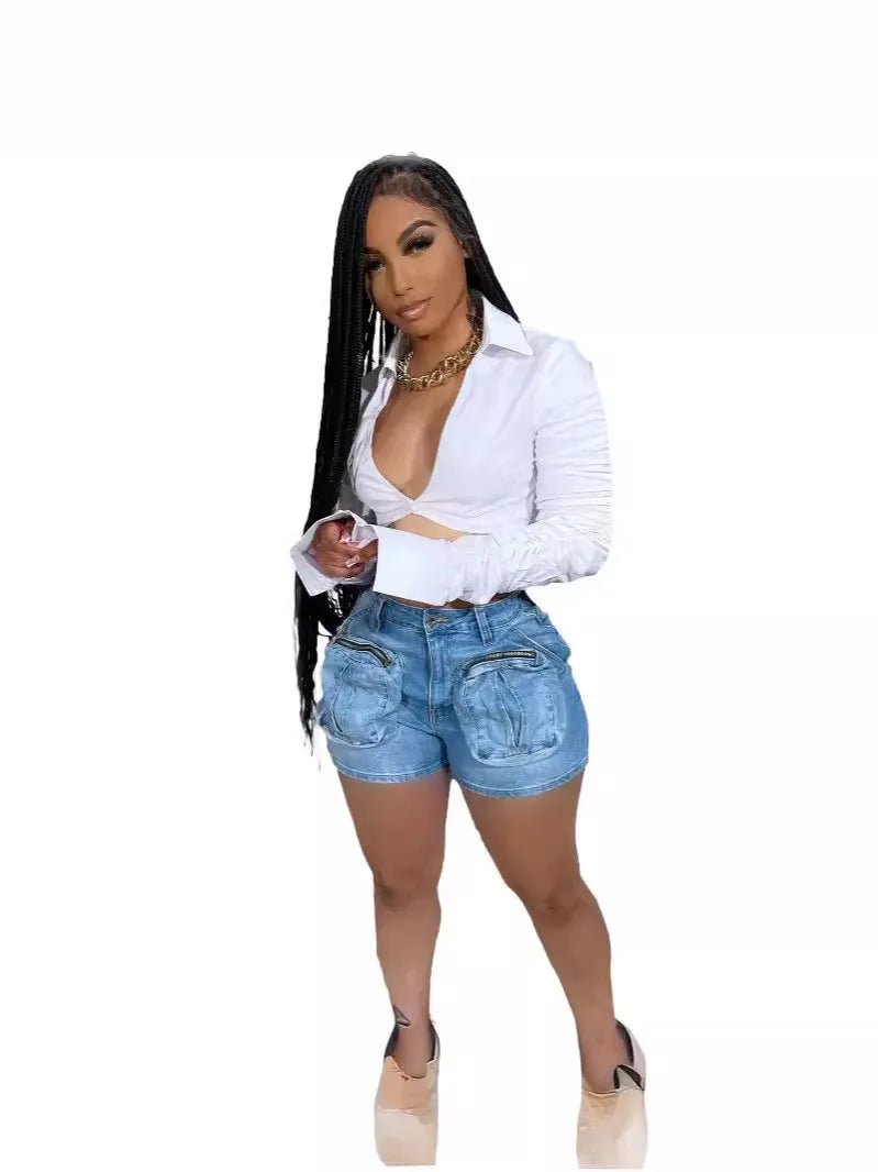 Women Washed Stretch Cargo Denim Shorts