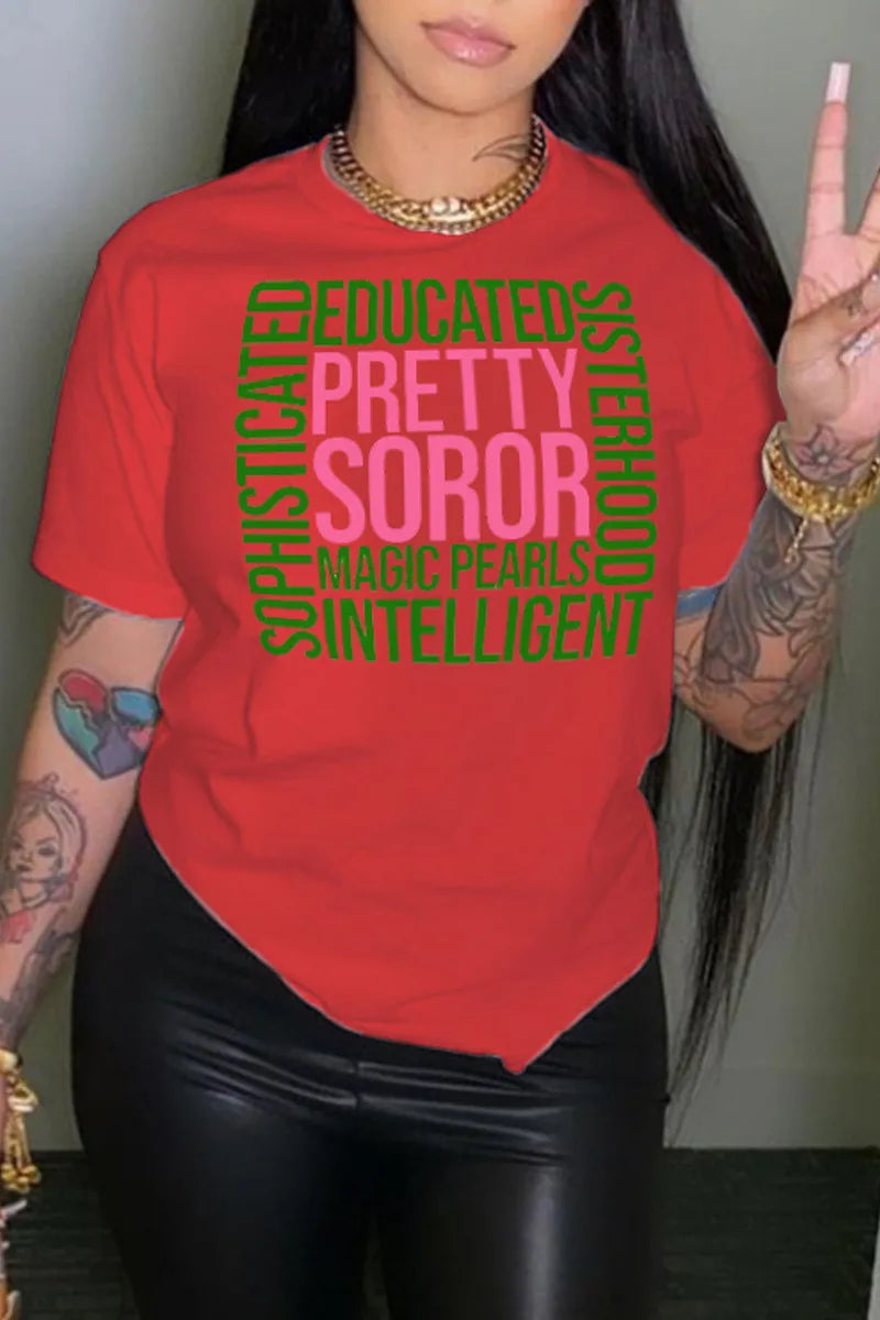 Women Letter Print Round Neck Short Sleeve T-Shirt