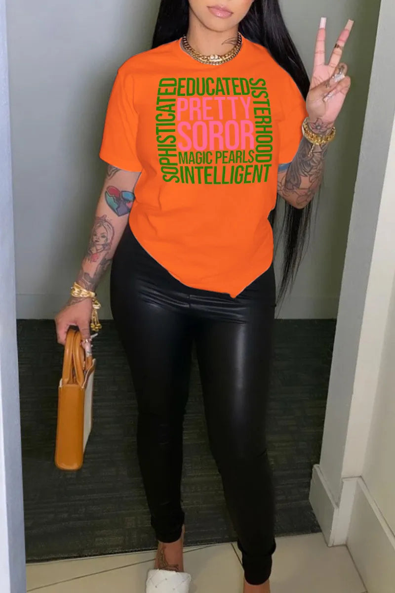 Women Letter Print Round Neck Short Sleeve T-Shirt