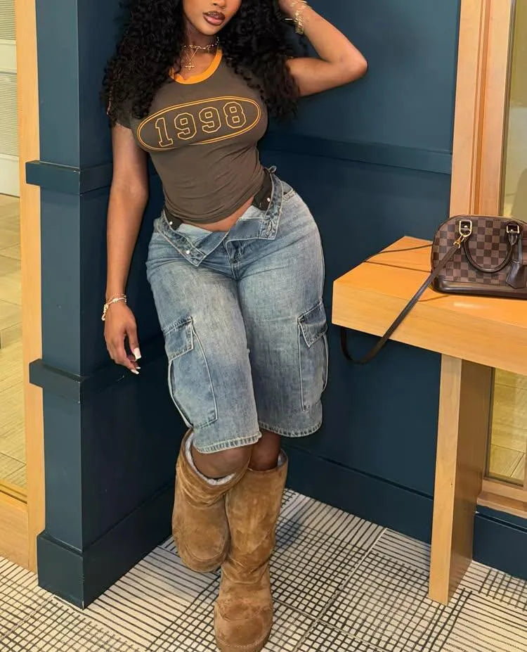Women Trend Knee-Length Stretchy Denim Cargo Shorts