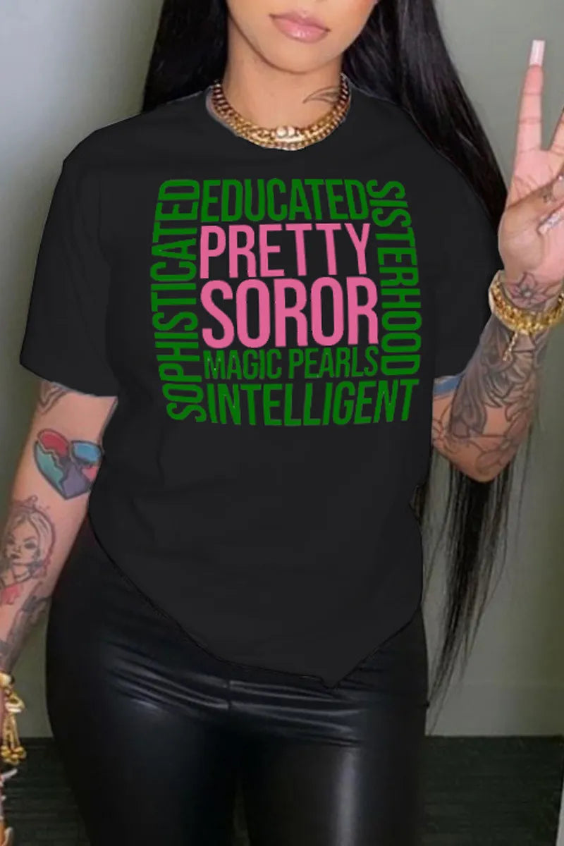 Women Letter Print Round Neck Short Sleeve T-Shirt