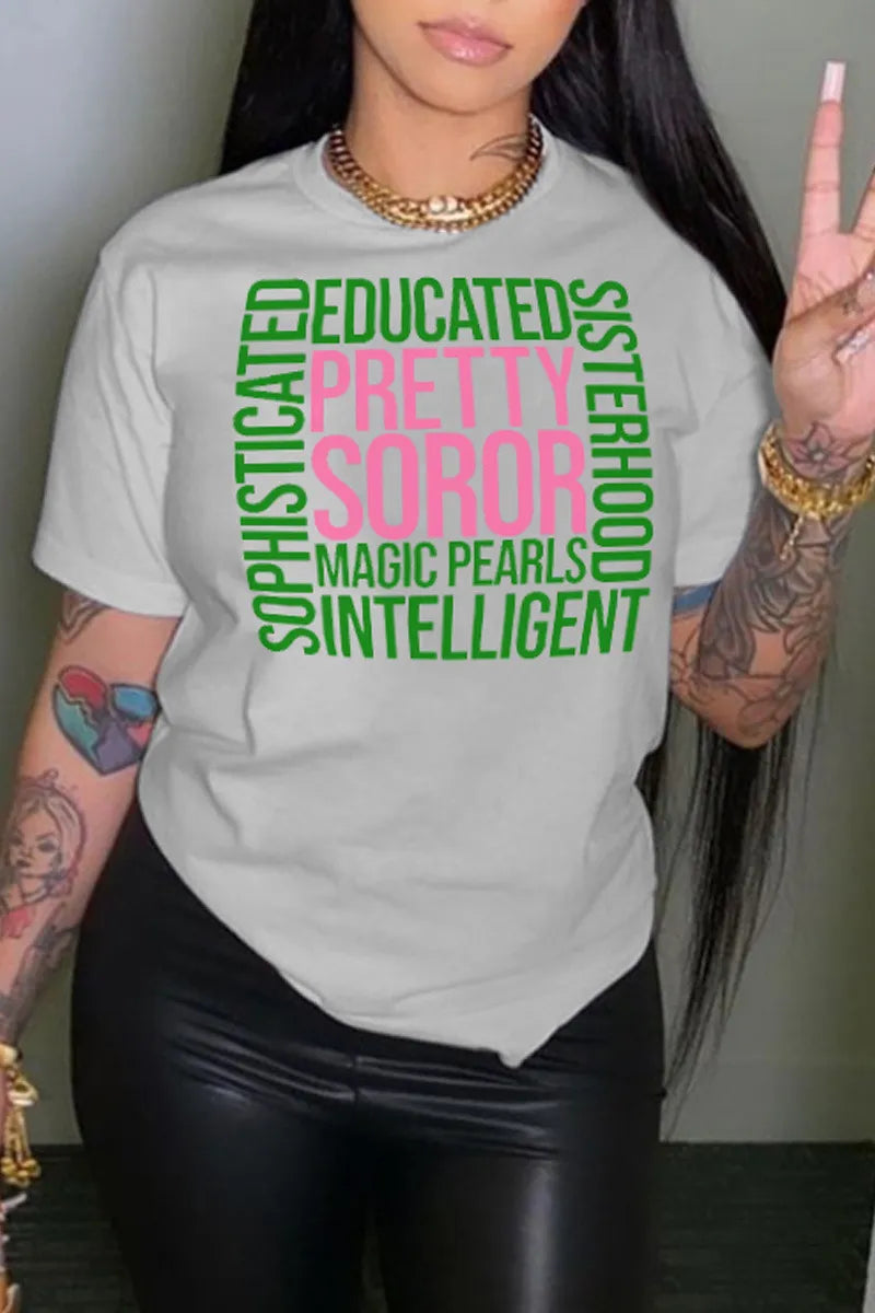 Women Letter Print Round Neck Short Sleeve T-Shirt