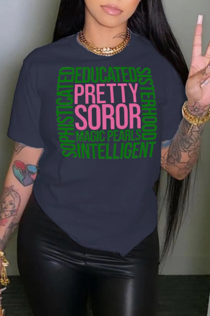 Women Letter Print Round Neck Short Sleeve T-Shirt