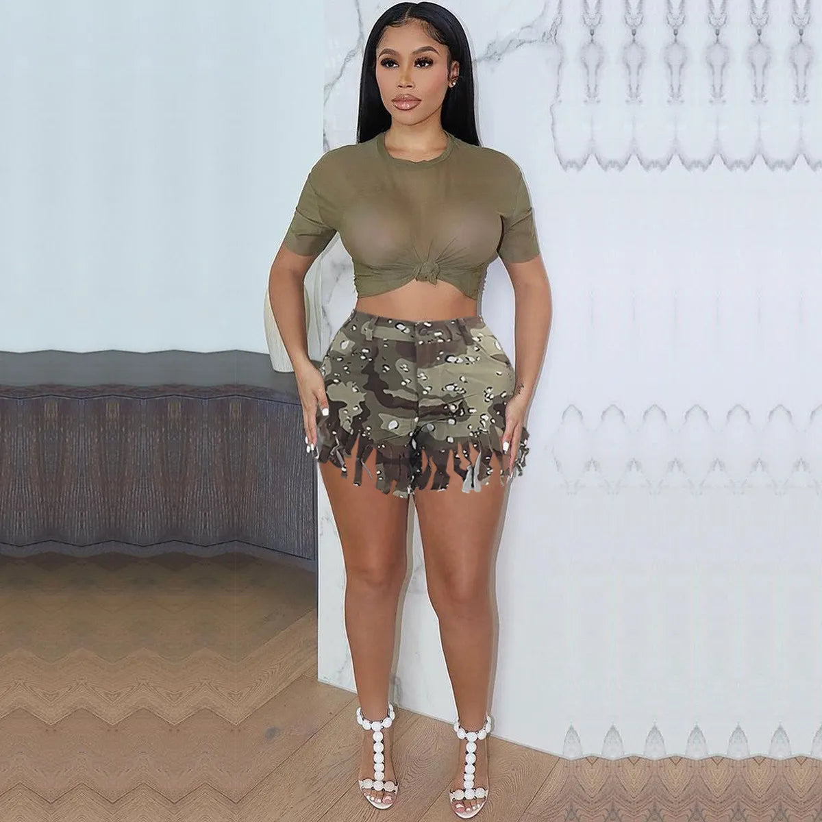 Fashionable Women's Camouflage Tassel Shorts