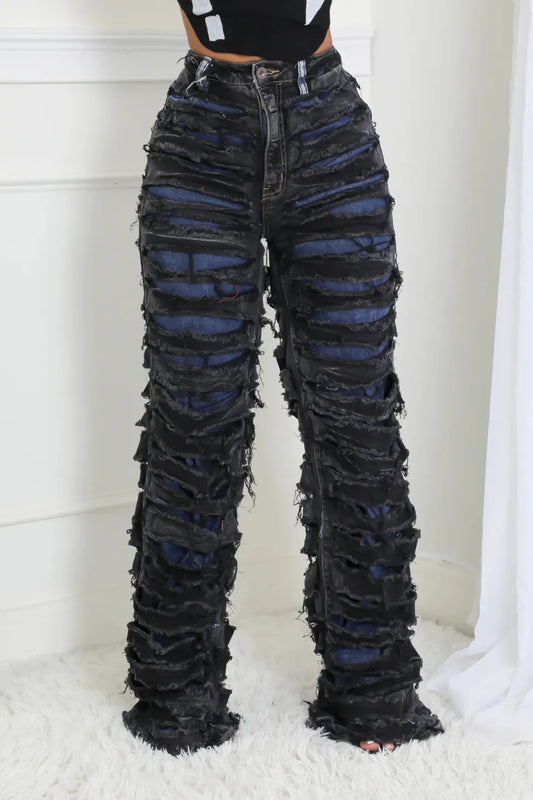 Women Double Ripped Denim Pants