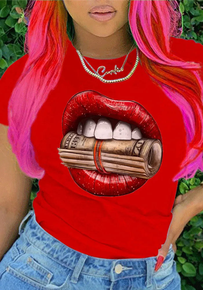 Women Letter Print Round Neck Short Sleeve T-Shirt