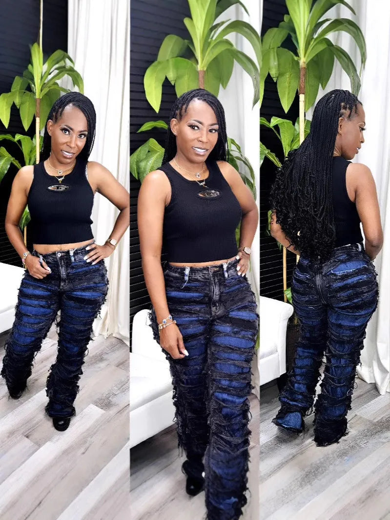 Women Double Ripped Denim Pants