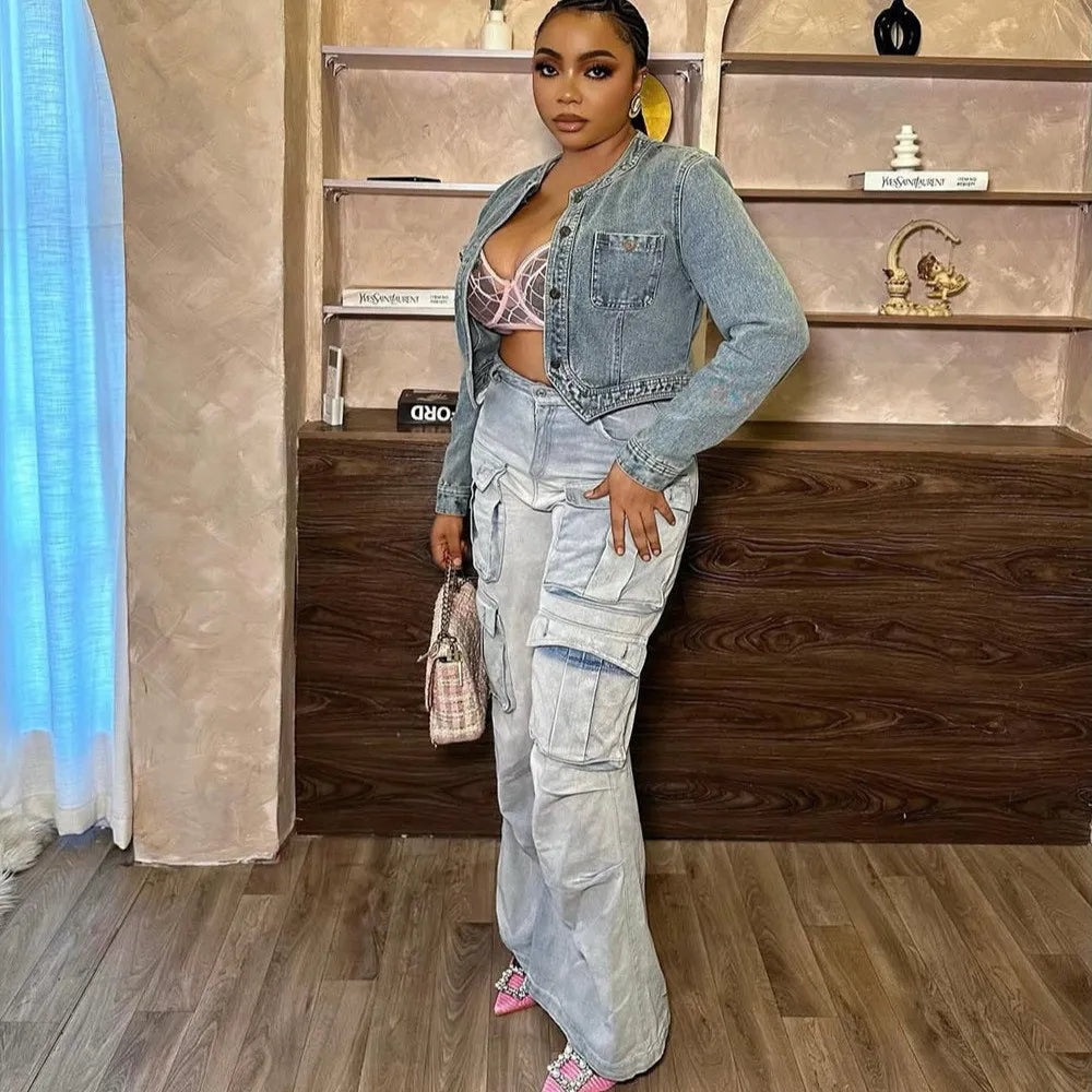 Women multi-pocket washed denim wide-leg pants