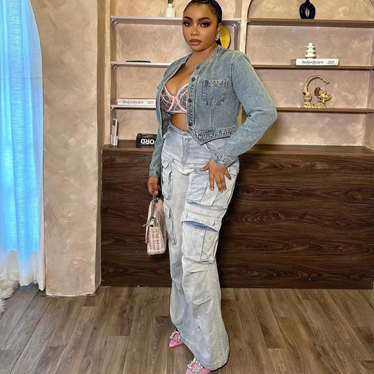 Women multi-pocket washed denim wide-leg pants