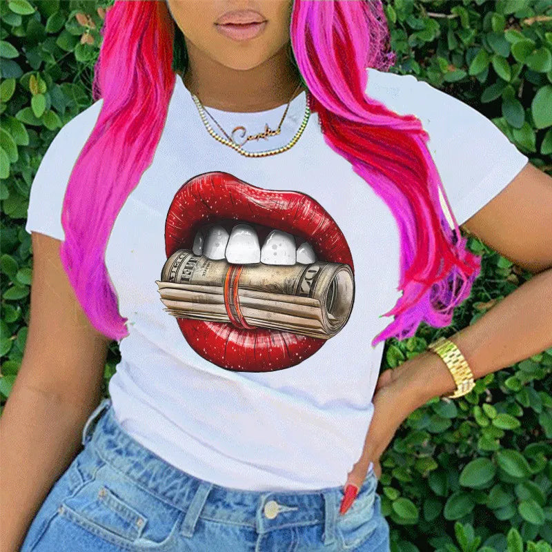 Women Letter Print Round Neck Short Sleeve T-Shirt