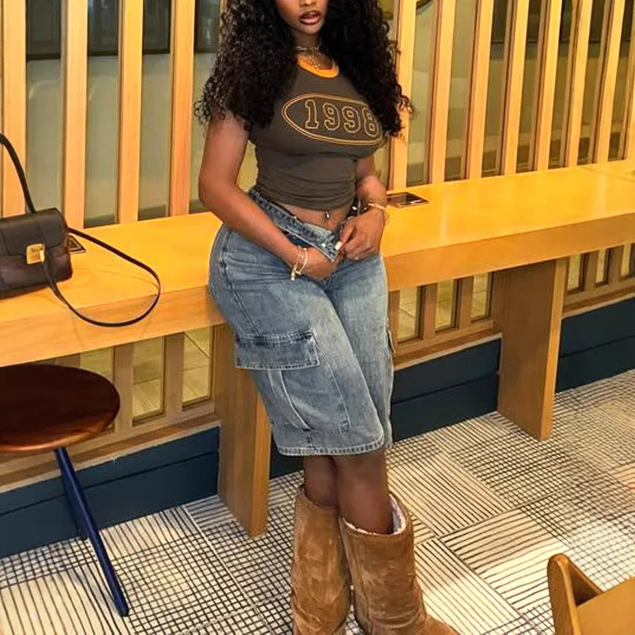 Women Trend Knee-Length Stretchy Denim Cargo Shorts