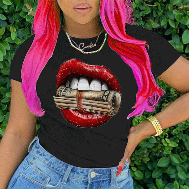 Women Letter Print Round Neck Short Sleeve T-Shirt
