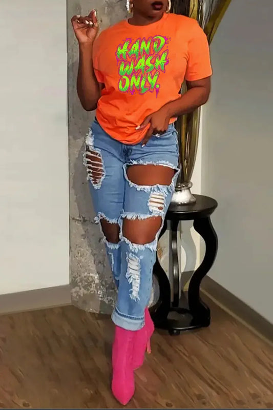 Letter Printed Round Neck Short Sleeve T-shirt