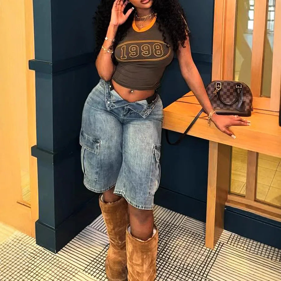 Women Trend Knee-Length Stretchy Denim Cargo Shorts