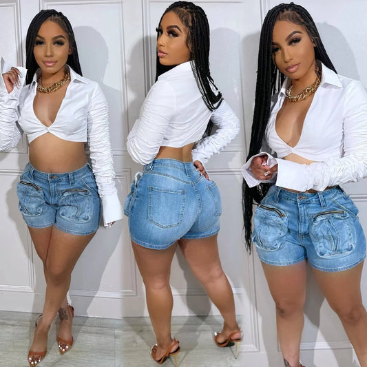 Women Washed Stretch Cargo Denim Shorts