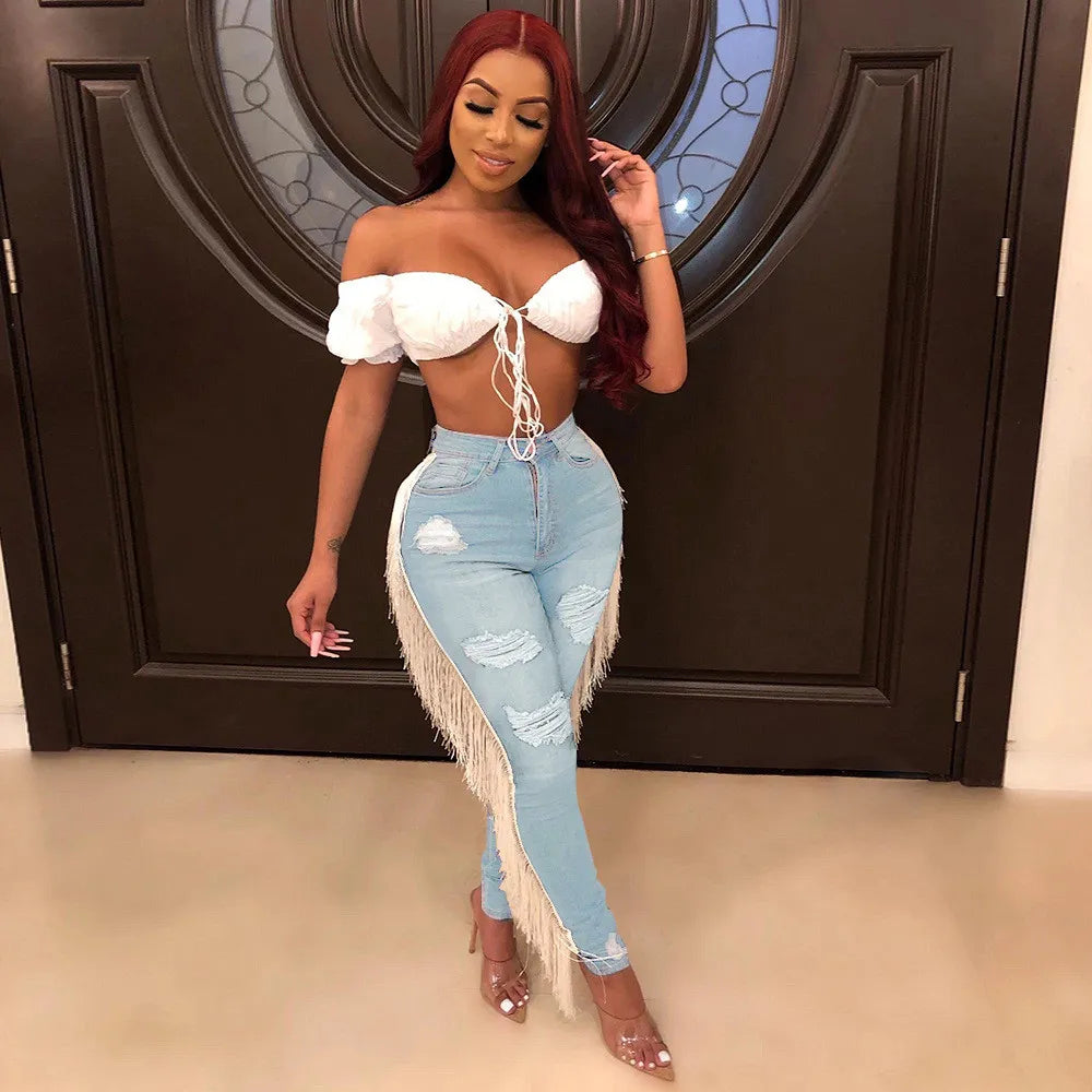 Casual Ripped Fringe Denim Pants Trendy High Street Jeans