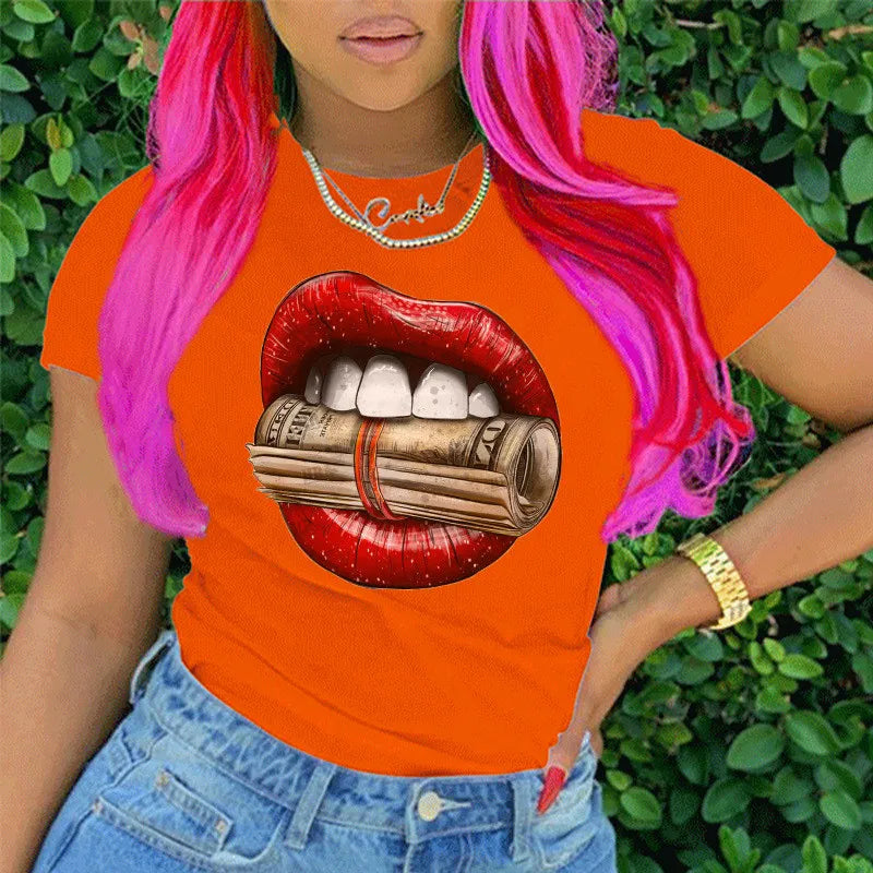 Women Letter Print Round Neck Short Sleeve T-Shirt